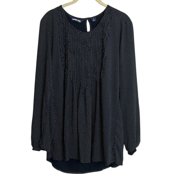 Lands End Womens Blouse Large Navy White Polka Dot Pintucked Front Long Sleeve - Picture 1 of 8